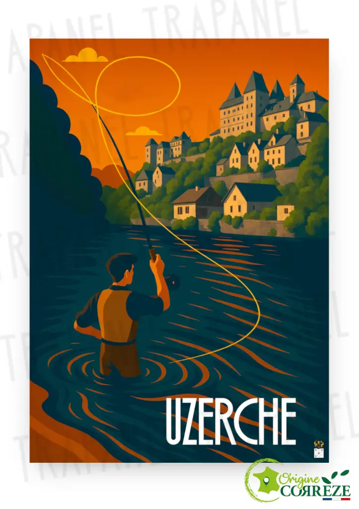 🎣 Affiche Vintage – Uzerche, pêche à la mouche en Corrèze (Largeur x Hauteur (en cm) environ : 30 x 40)