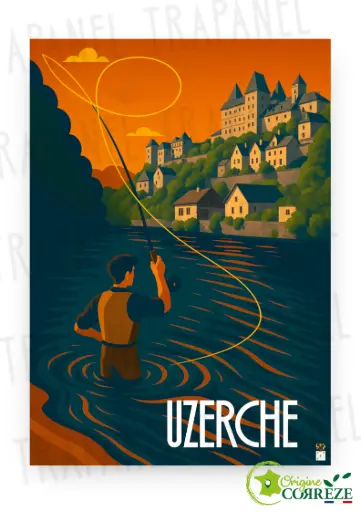 🎣 Affiche Vintage – Uzerche, pêche à la mouche en Corrèze