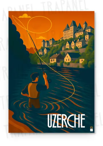 🎣 Affiche Vintage – Uzerche, pêche à la mouche en Corrèze